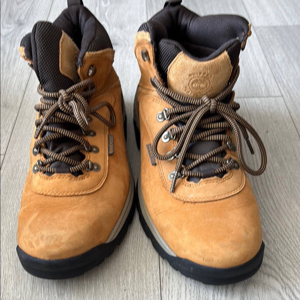Tan and Black Timberland waterproof High-Top Boots with Sturdy Sole